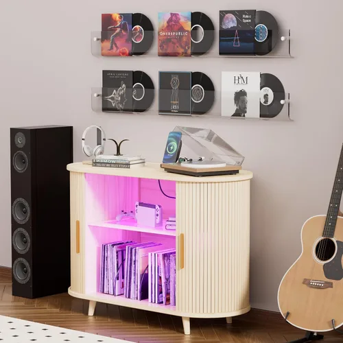 Vista 4 de Soporte para tocadiscos con almacenamiento de vinilo, gabinete multimedia moderno con estación de carga y luces LED, soporte para puerta corrediza