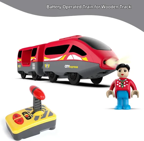 Vista 7 de Tren a pilas para pista de madera, potente locomotora con motor de control remoto, juguete de tren con luz y sonidos, regalo para niños pequeños