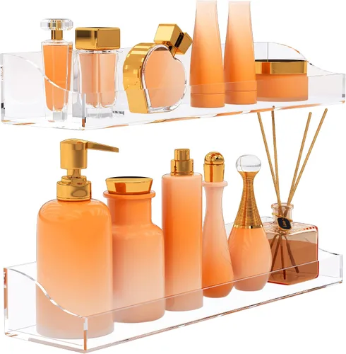 Vista 7 de Estantes acrílicos para baño, paquete de 2 estantes flotantes transparentes para ducha con ganchos transparentes montados en la pared, sin