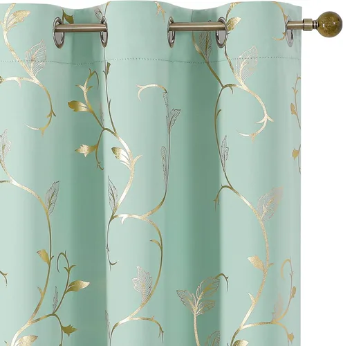 Vista 75 de BUHUA Juego de 2 paneles de cortinas opacas con estampado de vid plateada, cortinas con aislamiento térmico para oscurecer la habitación
