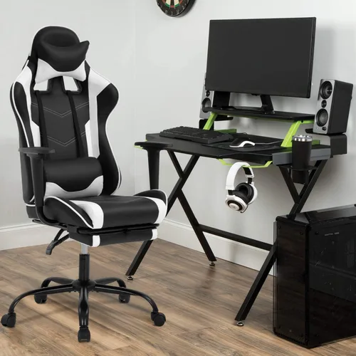 Vista 3 de Silla de juegos, silla ergonómica de cuero con respaldo alto ajustable, giratoria y reclinable, silla de computadora con soporte lumbar