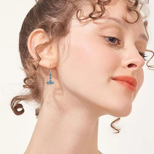 Vista 3 de Thor Hammer Collararetes de plata de ley Mjolnir árbol de la vida colgantearetes colgantes nórdicos vikingos joyas regalos para mujeres y hombres