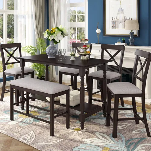 Vista 27 de Juego de mesa de comedor de madera de 6 piezas, juego de mesa de cocina con rectangular, juego de mesa de comedor con banco tapizado y 4 sillas