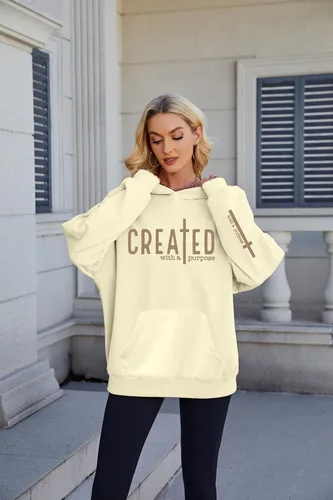 Vista 2 de EGELEXY Creado con un Propósito Sudadera con Capucha Cristiana para Mujeres, Camiseta de Fe Religiosa, Biblia, Pullover Ligero Beige