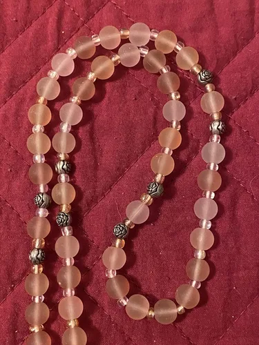Vista 6 de Pink Frosted Glass Rosary with Miraculous Medal and 2" Crucifix St Michael Medal