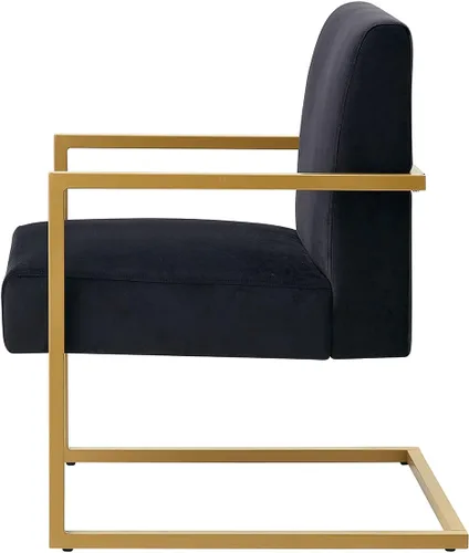 Vista 5 de 24KF Cómoda silla de acento de moda, cojín de terciopelo y soporte dorado de metal con brazo cuadrado, color negro
