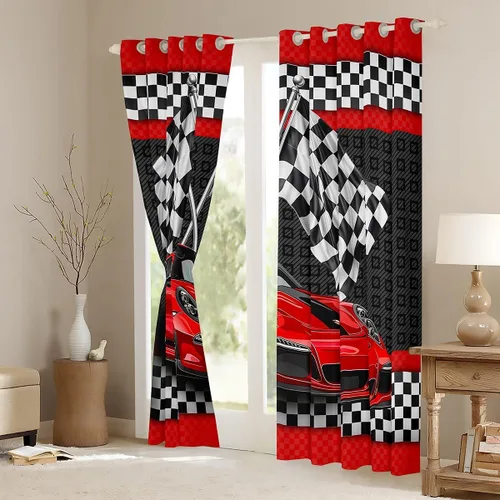 Vista 3 de Manfei Cortinas de ventana de coche de carreras para niños, tratamiento de ventana de coche deportivo rojo, cortinas de ventana de bandera a cuadros