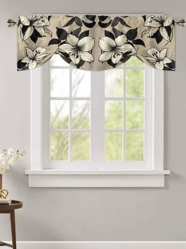 Vista 2 de Cortinas de cenefa de flores negras y beige para ventanas, cortinas de cocina, cortinas rústicas retro beige, cortinas botánicas cortas