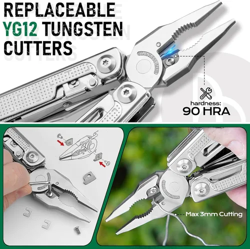 Vista 4 de BIBURY Multitools - Alicates Pro BI2049, alicates plegables multiherramienta con hoja de sierra grande, cortadores de alambre, multiherramienta