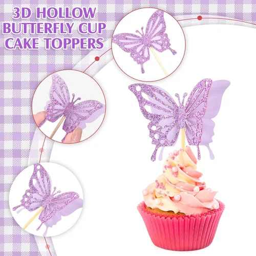 Vista 3 de Chinco 48 piezas de decoración de pastel de mariposa, decoración de cupcakes de doble capa ensamblada, decoración de pastel de 3D con purpurina