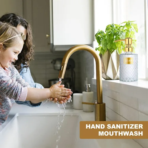 Vista 6 de MOCLIF Dispensador de vidrio de diamante de 12 onzas con dispensador de baño de acero inoxidable 304 dorado para cocina, jabón de manos, jabón