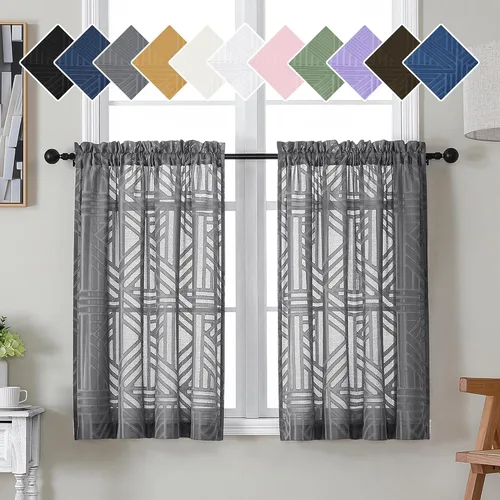 Vista 84 de Simplebrand Cortinas traslúcidas negras de cocina de 24 pulgadas de largo, 2 paneles, filtrado de luz, geométrico jacquard con textura, cortinas