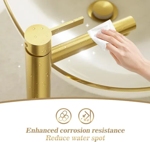 Vista 5 de Phiestina FH01-BG-V - Grifo de lavabo de baño de oro cepillado, un solo agujero, grifo alto de baño de una sola manija, con drenaje desplegable
