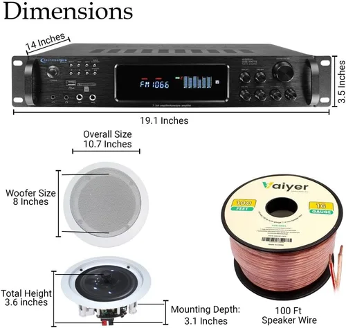 Vista 2 de Kit de sistema de sonido de cine en casa, amplificador Bluetooth de 7.2 canales de 1500 vatios con 6 unidades de altavoces de techo enmarcados de 8