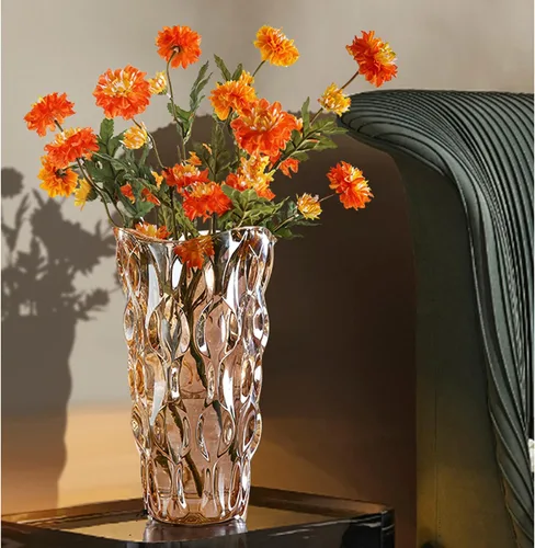 Vista 6 de Jarrón de cristal ámbar, cilíndrico grueso, estilo bohemio moderno, florero decorativo hecho a mano para centro de mesa, mesa de comedor, boda