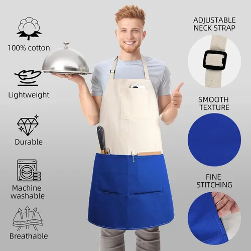 Vista 7 de Delantal de chef unisex de dos tonos profesional con 2 bolsillos para cocinar, asar y hornear, regalo