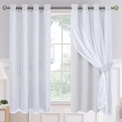 Vista 26 de BGment Cortinas de oscurecimiento de habitación con superposición transparente, cortinas de tul estampado plateado de doble capa para sala de estar