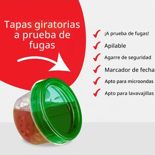 Vista 5 de PLASTICPRO Paquete de 6 recipientes de almacenamiento de alimentos con tapa giratoria con rosca verde, recipientes reutilizables de 4 onzas