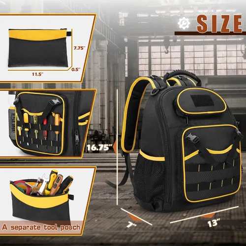 Vista 6 de Mochila de herramientas Marscamd con bolsa de herramientas, bolsa de herramientas resistente con múltiples bolsillos, negra