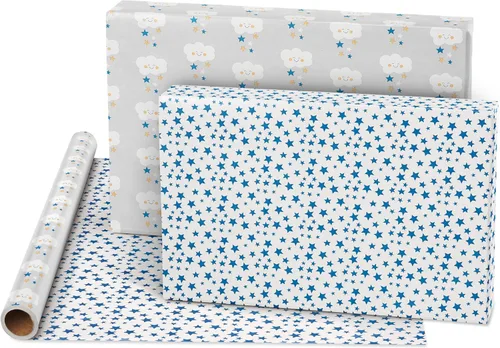 Vista 3 de American Greetings - Papel de regalo reversible de 175 pies cuadrados para fiestas de bebé, cumpleaños y todas las ocasiones, nubes y estrellas