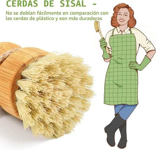 Vista 2 de SUBEKYU - Juego de cepillos de bambú para platos de cocina, juego de estropajos de limpieza de madera para lavar sartenes/ollas de hierro fundido