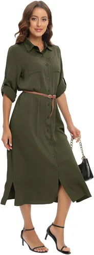 Vista 3 de ETOSELL Vestido largo de manga enrollada con botones y abertura para mujer, elegante, casual, con cinturón