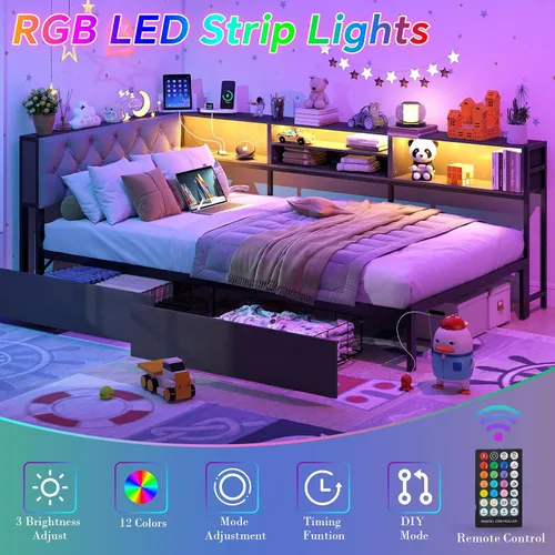 Vista 4 de Marco de cama de esquina tamaño twin con estante de almacenamiento y cabecero, cama de plataforma de esquina con luces LED y estación de carga, cama