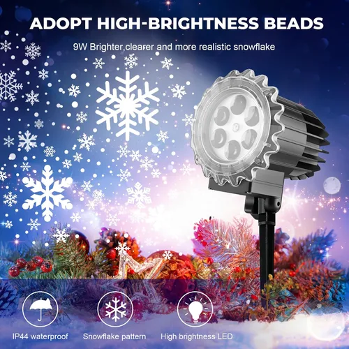 Vista 2 de Proyector de luces de copo de nieve para exteriores, 9 vatios súper brillantes, lámpara de nevada, proyección de luz nocturna, luces LED