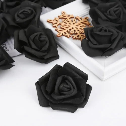 Vista 2 de Cabezas de rosas artificiales, 100 rosas falsas negras, cabezas de rosas artificiales de espuma para ramos de boda, centros de mesa, arreglos