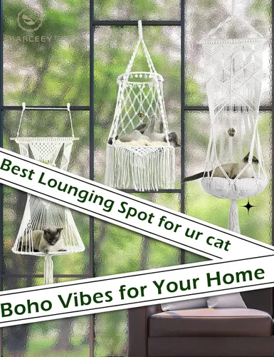 Vista 7 de KARCEEY Hamaca de macramé para gatos, cama colgante de macramé para gatos con cojín de hierba gatera y kit para colgar