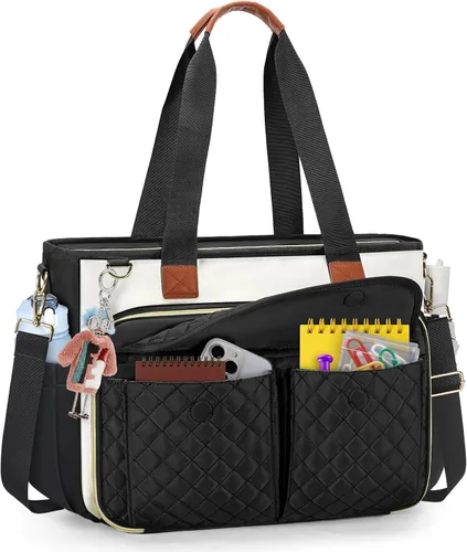 Vista 7 de Bolso de lona para laptop RAINSMORE para profesoras, bolsas de trabajo para mujer, bolso de 15.6 pulgadas con gran portavasos para enfermeras, bolso