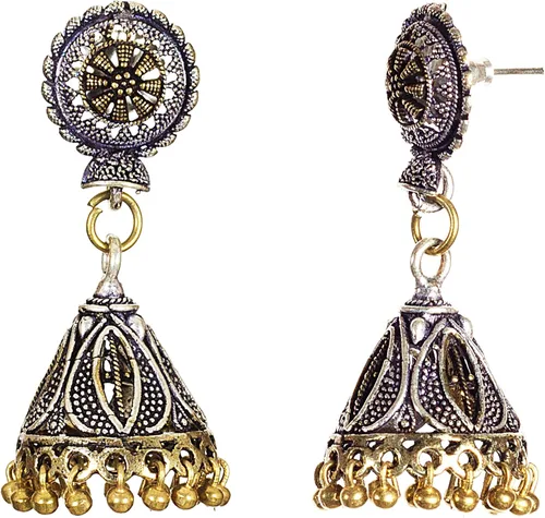 Vista 2 de DESI HAWKER - Pendientes oxidados de oro y plata Bali Jhumki Jhumka joyería Bollywood gota cuelga cono lámpara NI-65