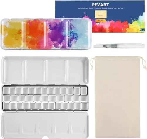 Vista 12 de PEVART Paleta de pintura de acuarela vacía, caja de metal con 37 medias bandejas de color de agua y paleta plegable, bandeja de pintura de estaño