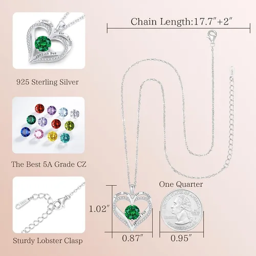 Vista 6 de LOUISA SECRET Love Heart Birthstone Necklaces for Women, Birthday Gift for Girlfriend, Anniversary Jewelry Gift for Wife Her, 925 Sterling Silver