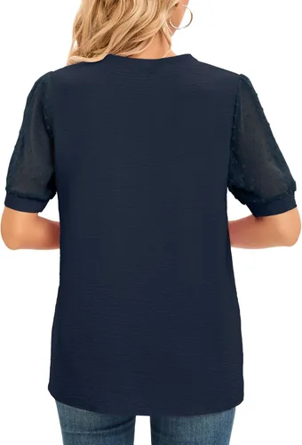 Vista 2 de NILOUFO Camisas casuales de verano para mujer, de manga corta, cuello en V, blusas de moda