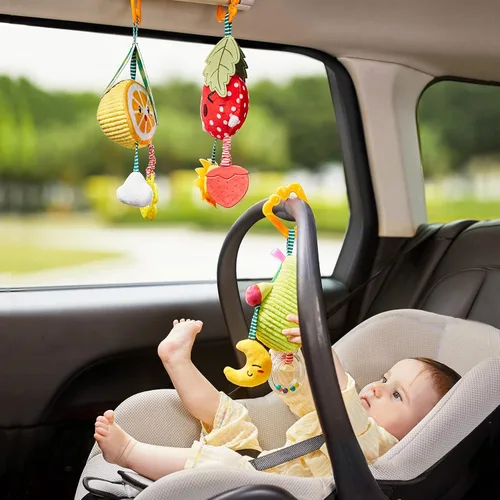 Vista 7 de TUMAMA Juguetes para bebés de 3, 6, 9, 12 meses, sonajeros colgantes de frutas, aguacate, plátano, naranja y fresa, juguetes móviles para cochecito