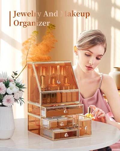 Vista 3 de Youdepot Organizador de maquillaje extra grande, almacenamiento de cosméticos de vidrio con cajones, organizador apilable de maquillaje y joyas