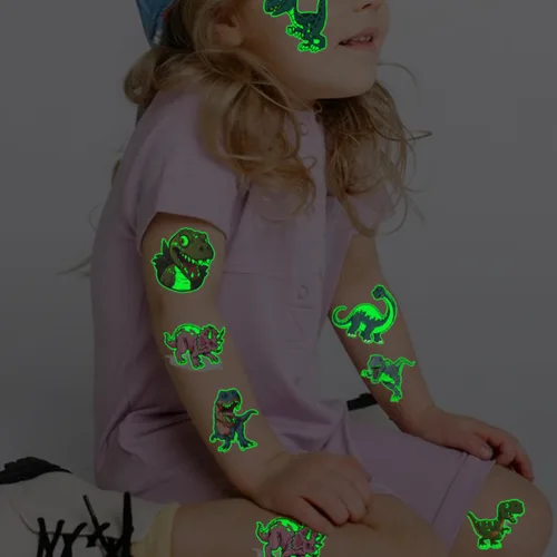 Vista 6 de CHARLENT Tatuajes temporales de dinosaurios que brillan en la oscuridad para niños, 74 hojas individuales, tatuajes luminosos de dinosaurio