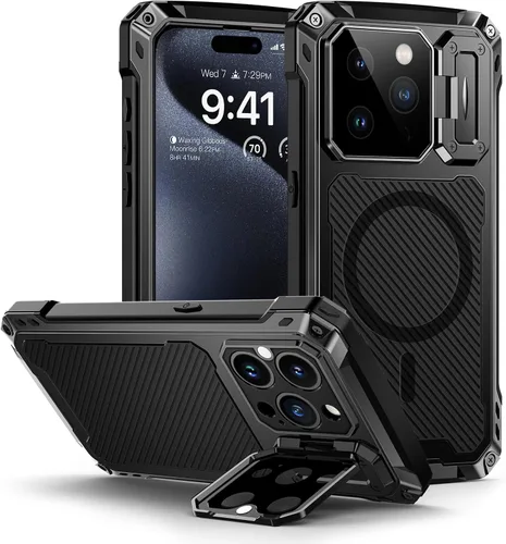 Vista 16 de Lanhiem Funda de metal para iPhone 13 con funda de cámara y soporte [compatible con MagSafe] [Soporte integrado] [Protección de grado militar] Funda