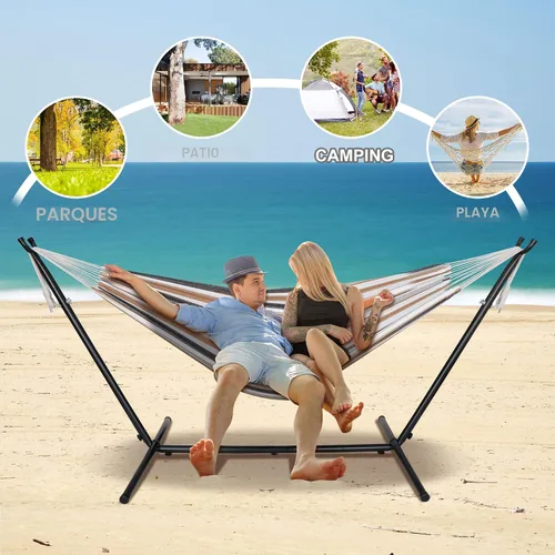 Vista 4 de SUPER DEAL Hamaca portátil para 2 personas con soporte de hamaca de 9 pies, capacidad de 620 libras, cama de hamaca ajustable con funda