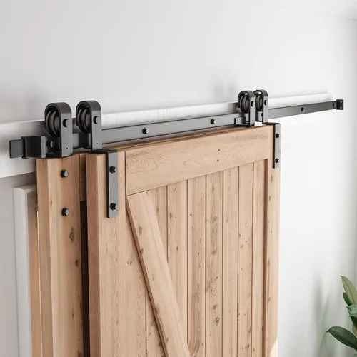 Vista 11 de SMARTSTANDARD Kit de herramientas para puerta corrediza de granero de 4 pies, para puertas de madera dobles - Riel único - Suave y silencioso