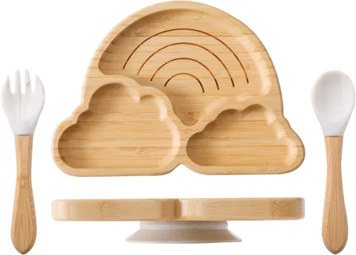 Vista 10 de let's make Juego de Platos y Cuencos de Bambú con Ventosa para Bebé y Niño Pequeño, Bandeja Dividida, Cuenco de Comida con Tenedor y Cuchara de Set