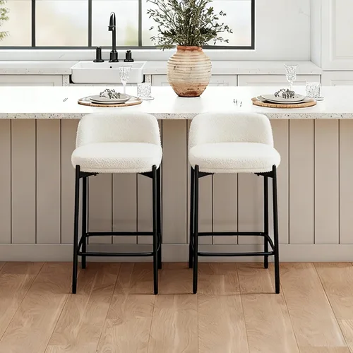 Vista 10 de 26 Inch Counter Height Bar Stools Set of 2, Modern Barstools, Beige Breathable Linen Upholstered Counter Stools, Ergonomic Backrest, Black Metal