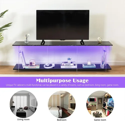 Vista 5 de Soporte de TV LED, mueble de consola de madera con patrón de mármol de imitación de escritorio y luces LED, centro de entretenimiento moderno