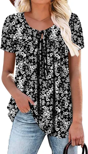 Vista 35 de BETTE BOUTIK Blusas de verano para mujer, plisadas, de manga corta, con cordón, cuello redondo, tallas S-3XL