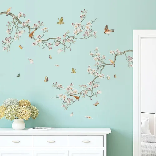 Vista 10 de Calcomanías de pared de ramas de hojas verdes, calcomanías de pared de flores blancas, calcomanías de pared extraíbles para bricolaje, mariposas