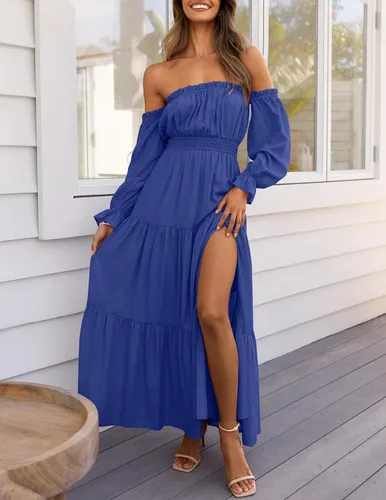 Vista 2 de ZESICA - Vestido largo, bohemio y sexy, con hombros descubiertos y manga larga fruncida, con elástico fruncido, cintura alta y abertura lateral