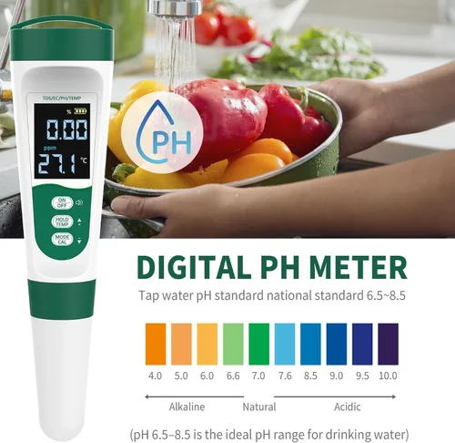 Vista 7 de Medidor de pH digital 5 en 1, con función de voz, PH/TDS/EC/Temp/Salt Pool Salt Tester, medidor de pluma impermeable y recargable para piscinas