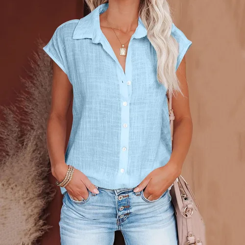 Vista 53 de Ceboyel Camisas para mujer de moda de verano, algodón, lino, manga corta, cuello con botones, blusa casual para mujer 2023