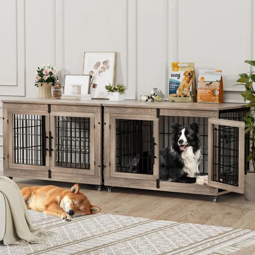 Vista 15 de YaFiti Mueble de jaula para perros con cojín, perrera de madera para interiores con puertas dobles, jaula para perros con ruedas, mesa auxiliar